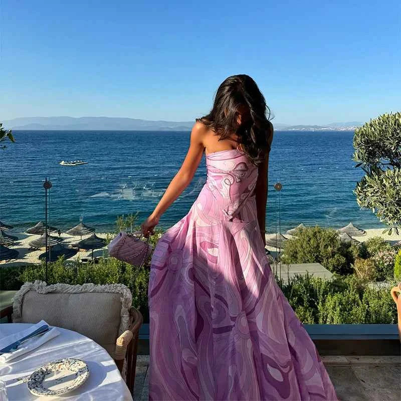 Summer Printed Women Crop Top. Metal Strap Backless Lace Up Tank Top. Chic Party Beach Strapless Shirt.