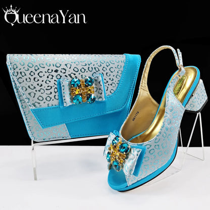 Shiny Italian Fashion Pointed Toe Women Heel Fashion Set. Rhinestone Decoration Pink Color Shoes And Bag Set.