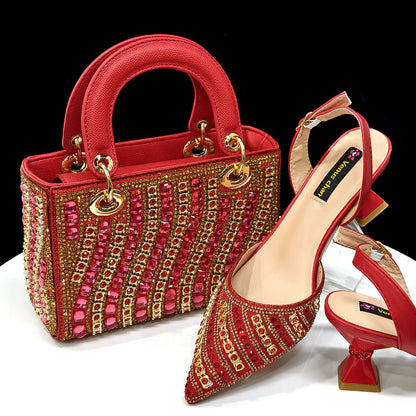 Summer New Design Specials Italian Women Shoes and Bag Set. Blue Color Comfortable Low Heels With Rhinestone.