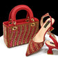 Summer New Design Specials Italian Women Shoes and Bag Set. Blue Color Comfortable Low Heels With Rhinestone.