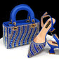 Summer New Design Specials Italian Women Shoes and Bag Set. Blue Color Comfortable Low Heels With Rhinestone.