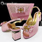 Shiny Italian Fashion Pointed Toe Women Heel Fashion Set. Rhinestone Decoration Pink Color Shoes And Bag Set.