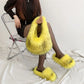 Faux Fur Slippers And Bag Set. 2025 Fashion Fur Handbags Women Purse Furry Slides Matching Set. Indoor Shoes Plus Size 46.