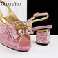 Shiny Italian Fashion Pointed Toe Women Heel Fashion Set. Rhinestone Decoration Pink Color Shoes And Bag Set.