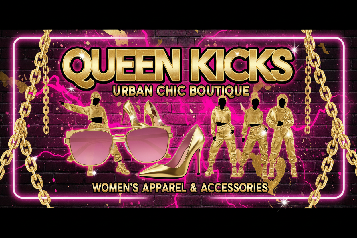 Generate a large hip hop boutique shop banner for womens clothing make it large make it Gold and pink